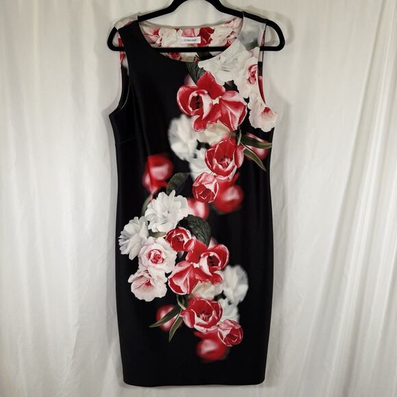 Calvin Klein Dress Women's 12 Black Red Roses Sleeveless Zip Side Midi Length - Picture 1 of 11